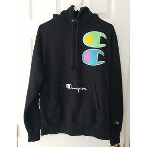 Champion Hoodie Sweater Mens M Medium Black Logo Spellout Reverse Weave …